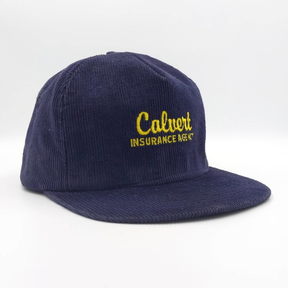 Vintage Calvert Insurance Agency Corduroy Snapback Trucker Hat K-PRODUCTS Navy